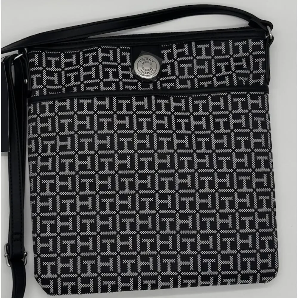 Tommy Hilfiger Women’s Black/White Monogram Logo Crossbody Bag Zip,Adjustable